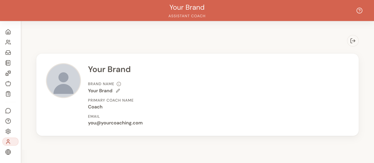 Coach Profile page with the door-arrow Sign out icon visible at the top-right of the profile card