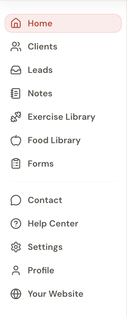 Left sidebar in Assistant Coach with all menu items expanded, showing Profile near the bottom between Settings and Your Website