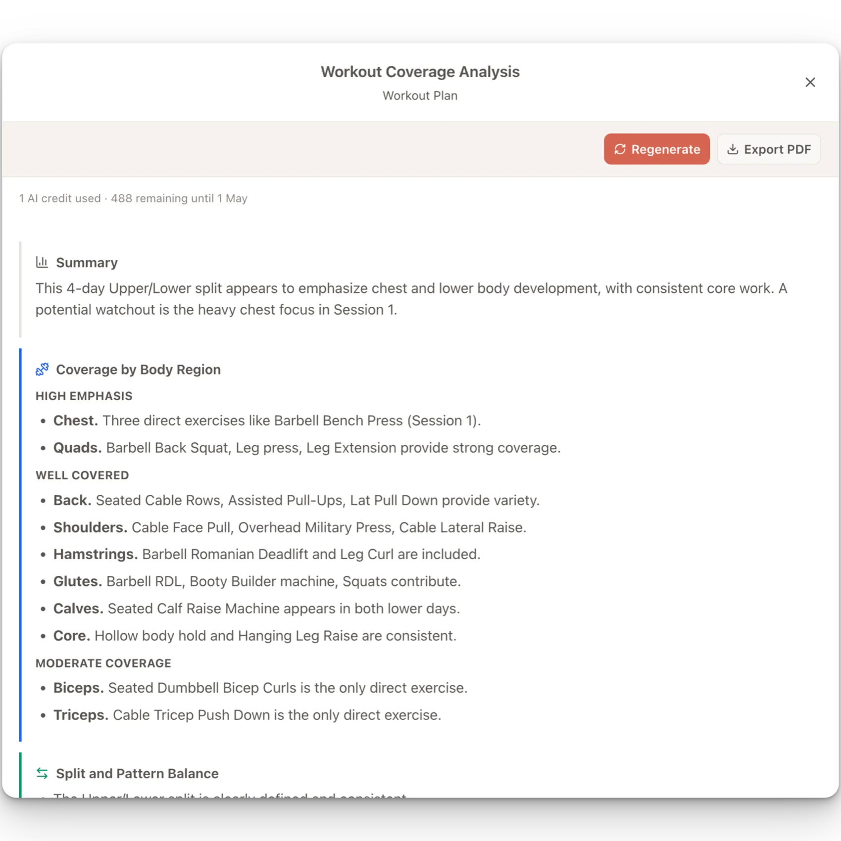 Workout coverage analysis panel showing AI-generated summary, body-region coverage, split balance, regenerate, and PDF export controls