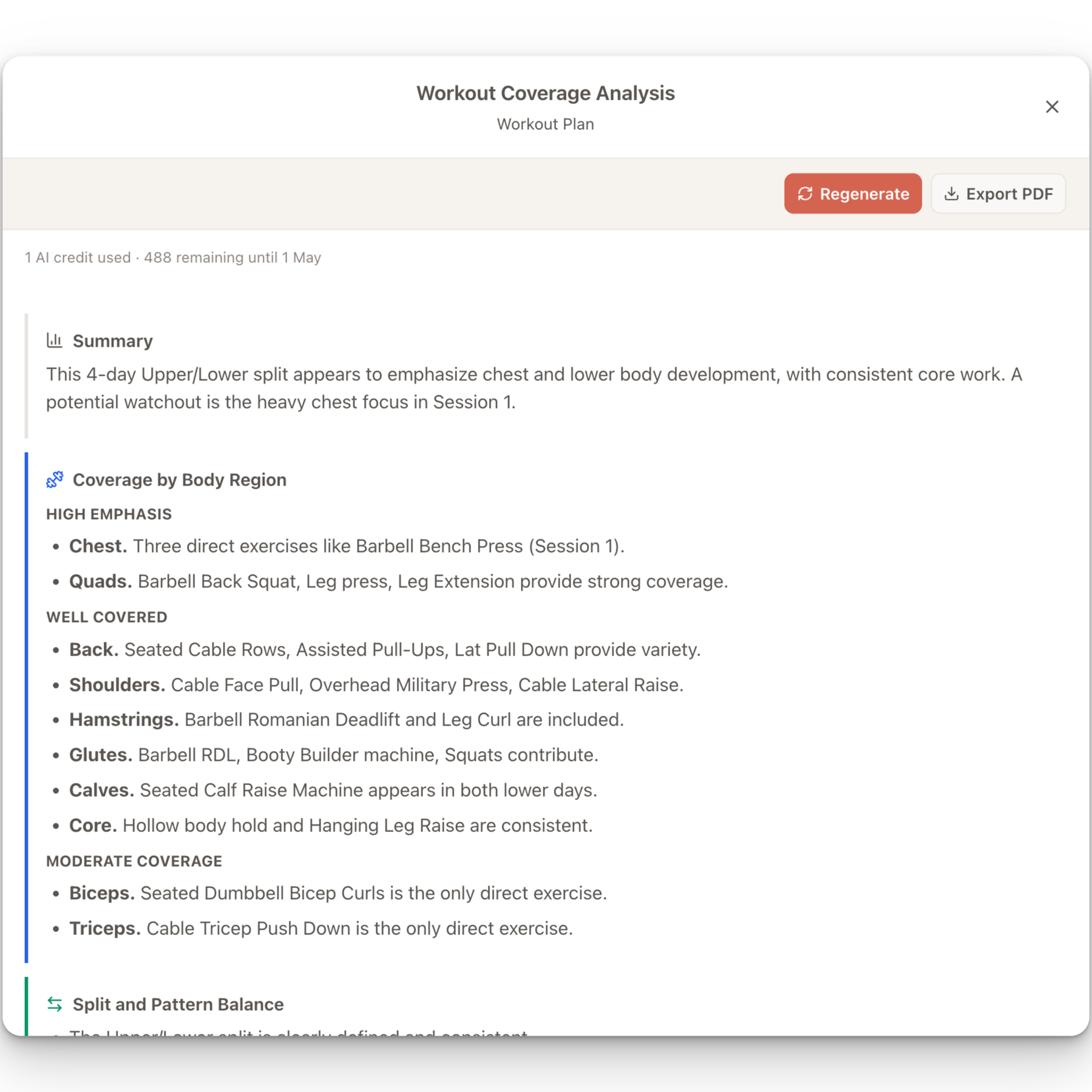 Workout coverage analysis panel showing AI-generated summary, body-region coverage, split balance, regenerate, and PDF export controls