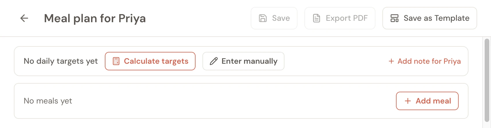 The targets strip on a new meal plan saying No daily targets yet, with two buttons: Calculate targets and Enter manually