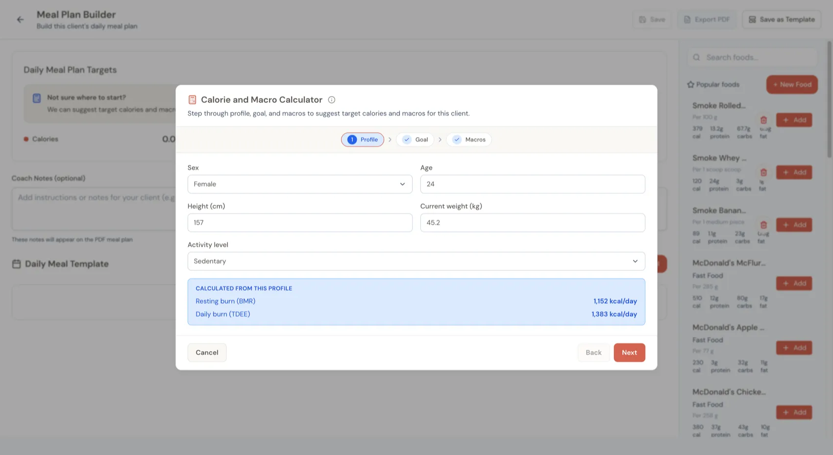 Step 1 of the calculator with sex, age, height, weight, and activity level fields, and a calculated panel showing BMR and TDEE
