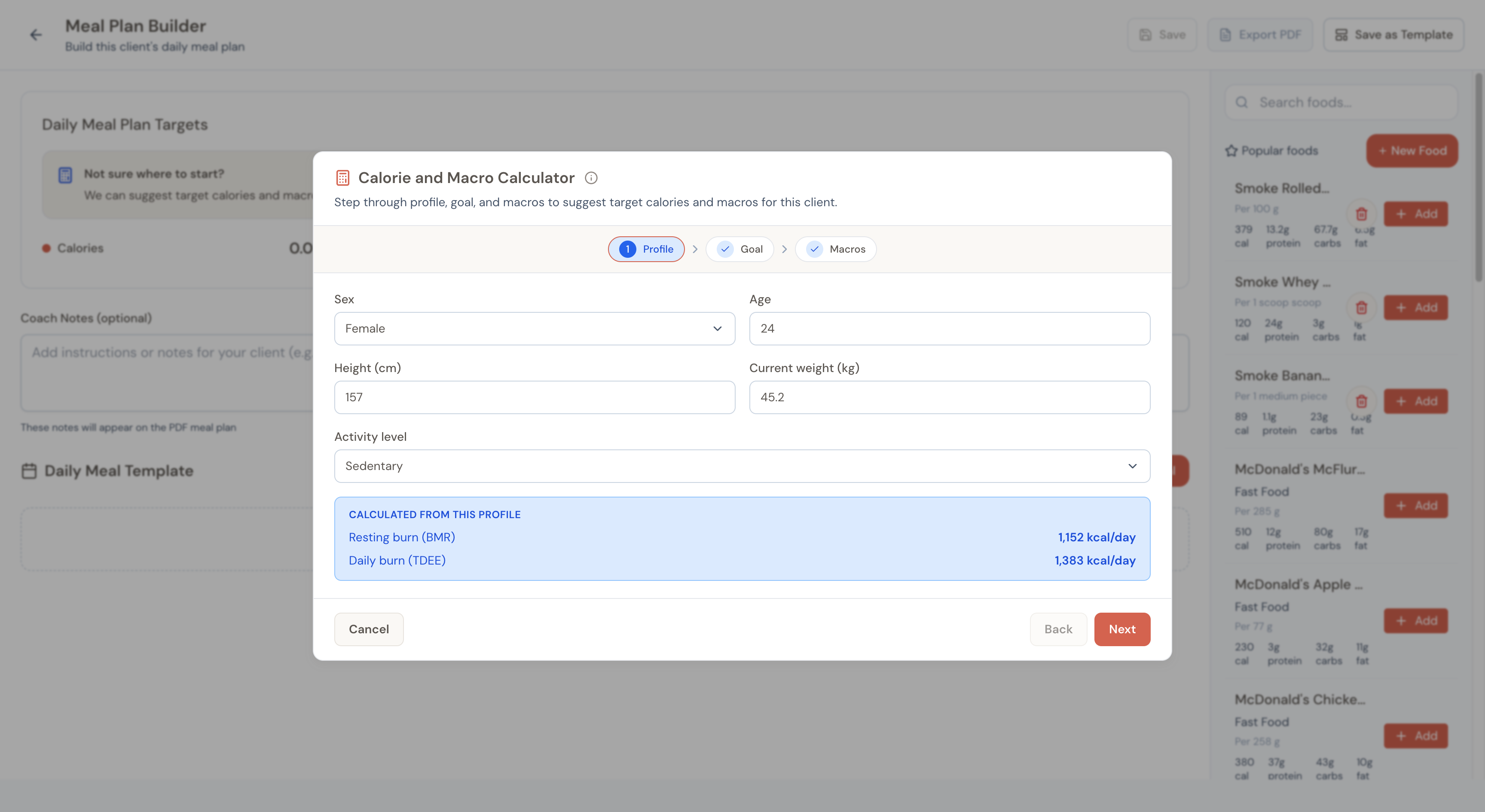 Step 1 of the calculator with sex, age, height, weight, and activity level fields, and a calculated panel showing BMR and TDEE