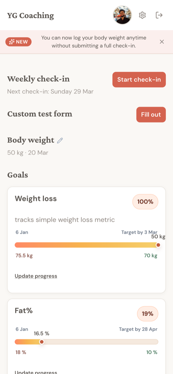 Client portal home showing weekly check-in, goals with progress bars, and workout sessions