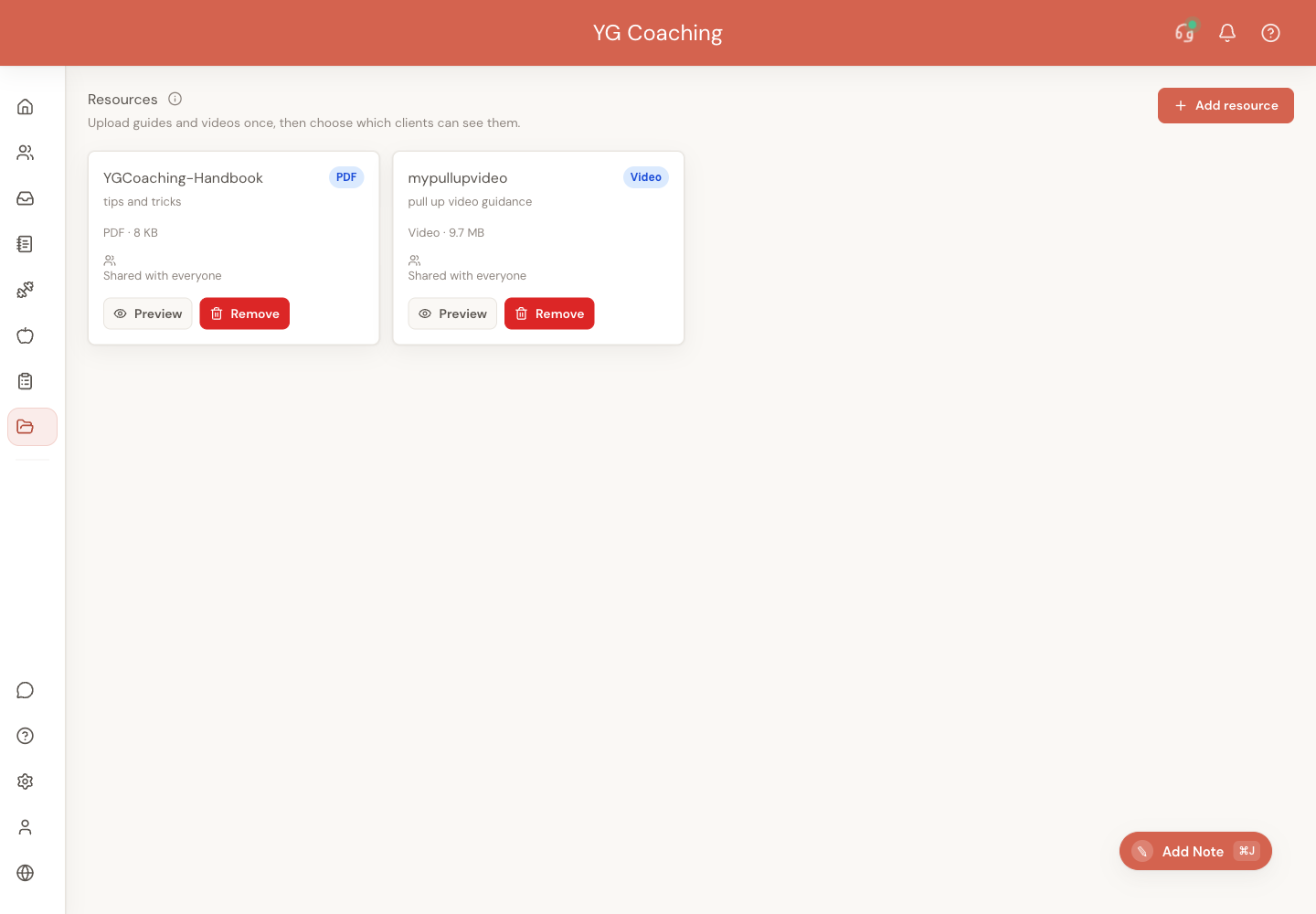 Resources page showing the YGCoaching-Handbook PDF and a pull-up guidance video shared with everyone