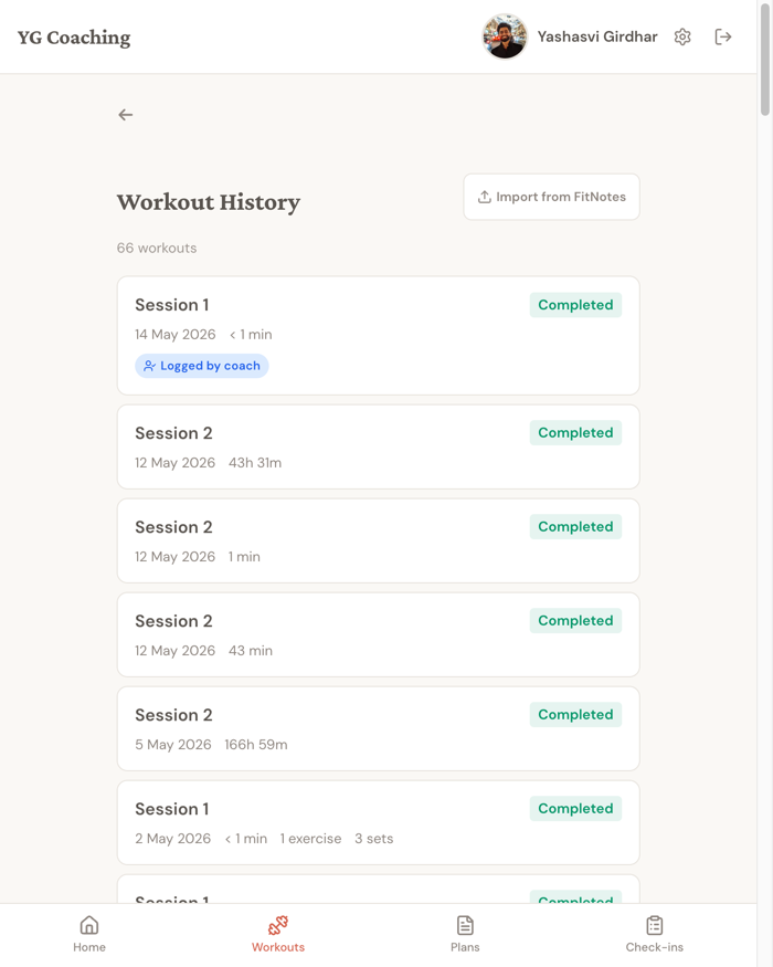 Client portal Workout History on mobile width showing the most recent session at the top with a blue Logged by coach badge, and older client-logged sessions below it without that badge