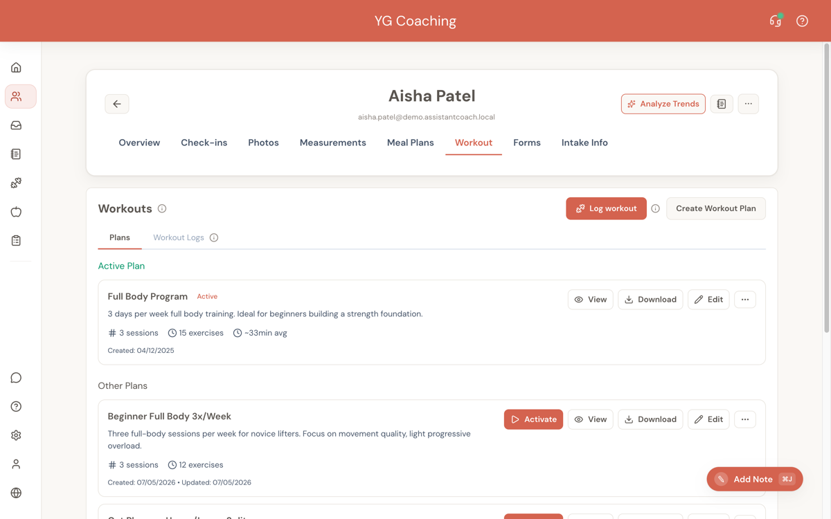 Workouts tab on a client dashboard with the Log workout button at the top-right next to Create Workout Plan