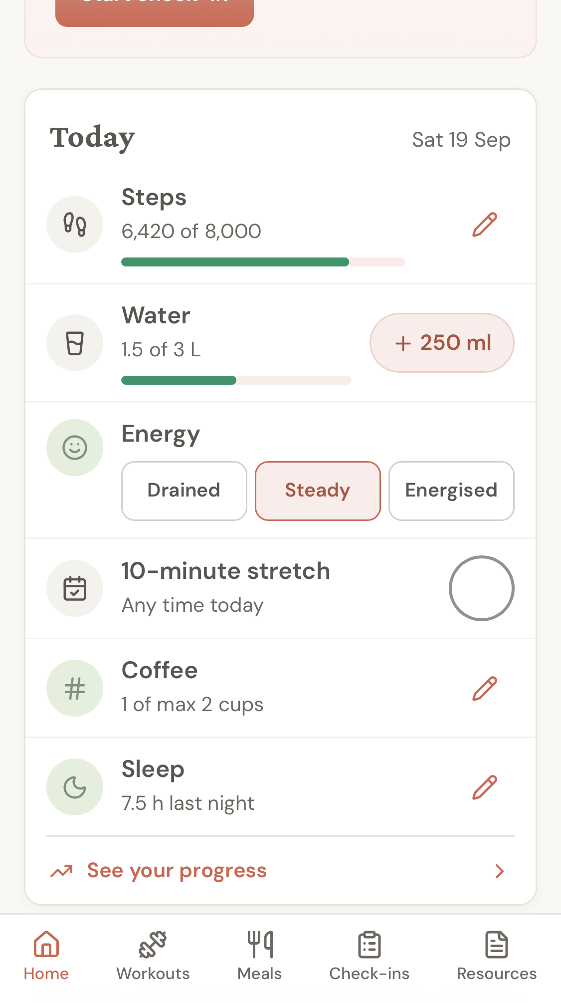 The client app Today card showing steps, water, energy, a stretch, coffee and sleep