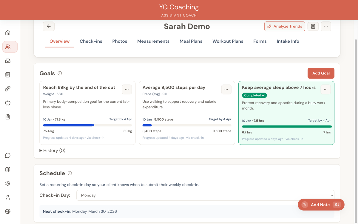 Goal cards showing progress bars, current values, targets, and completion status on the client dashboard