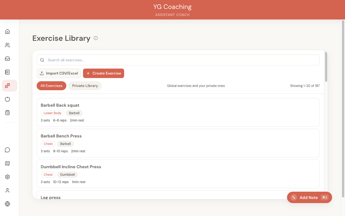 Exercise library with search, muscle group badges, equipment tags, and default exercise parameters
