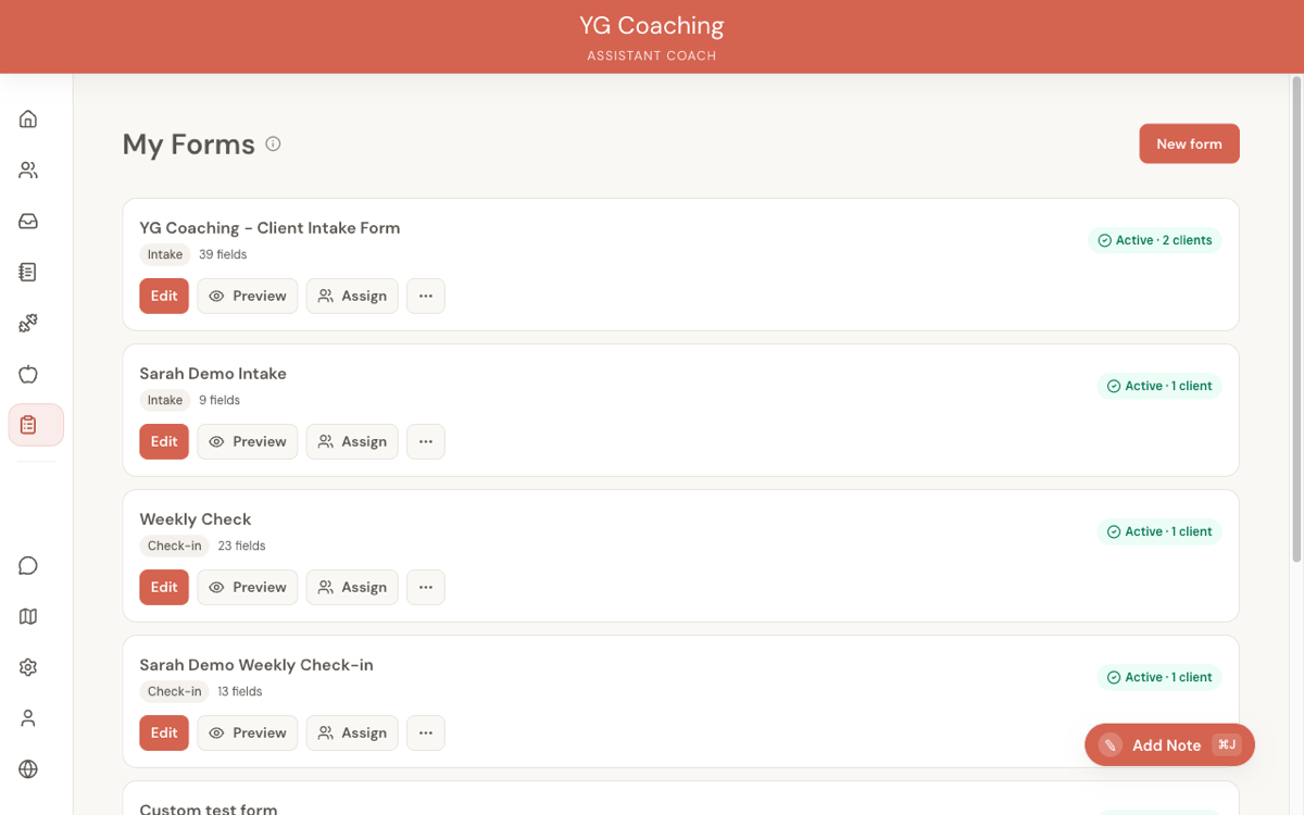 Form templates page showing intake and check-in forms with Edit, Preview, and Assign actions