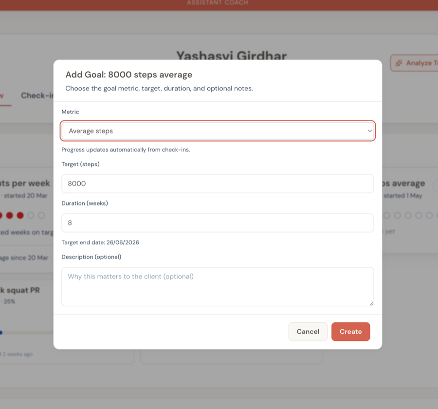 Add Goal dialog with Average steps selected, target 8000, duration 8 weeks, and the helper text "Progress updates automatically from check-ins"