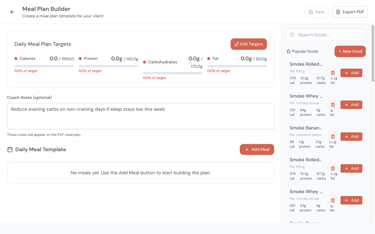Meal plan builder showing nutritional targets dashboard, coach notes, and food search panel