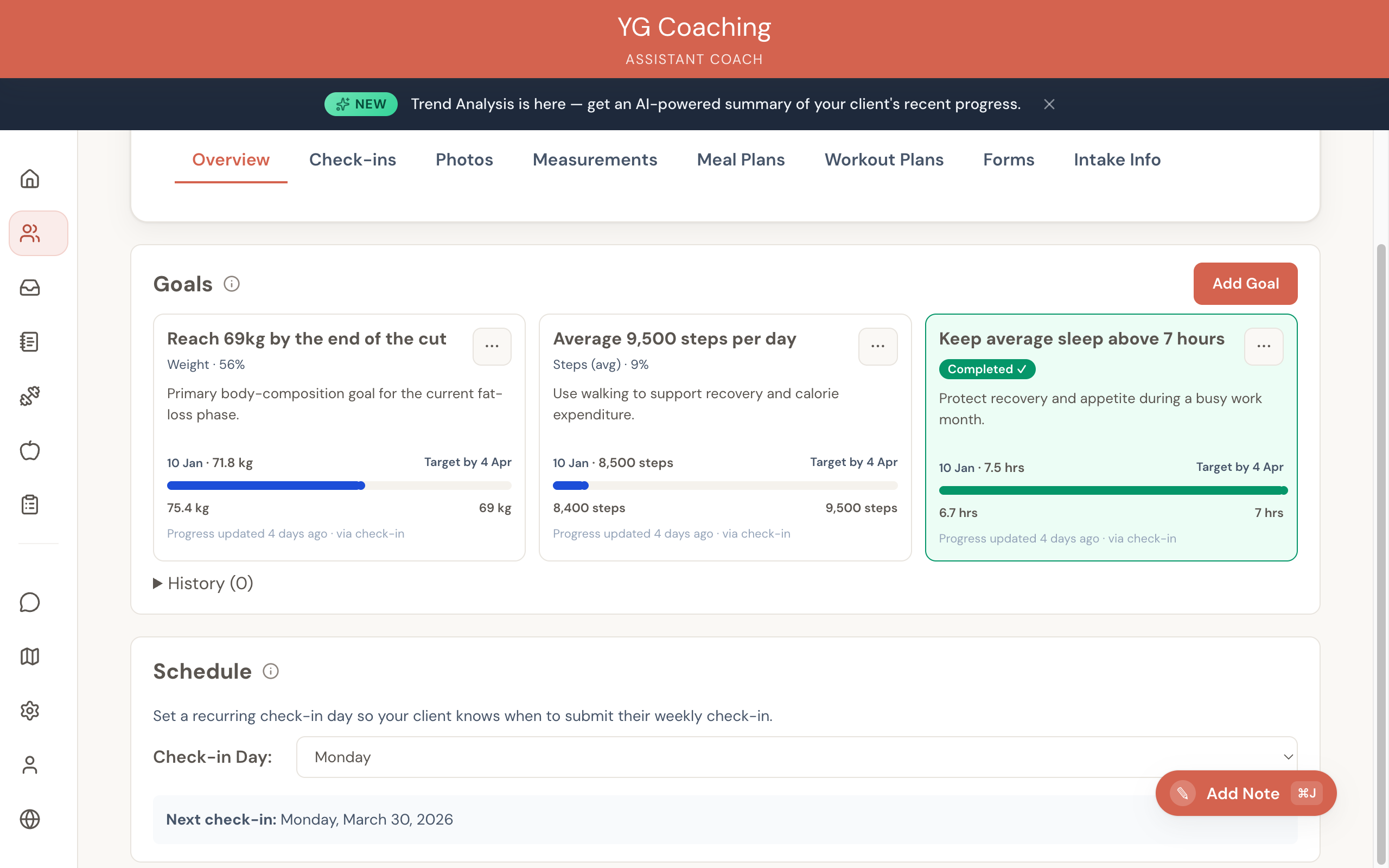 Client dashboard showing Overview tab with goals, progress bars, and check-in schedule