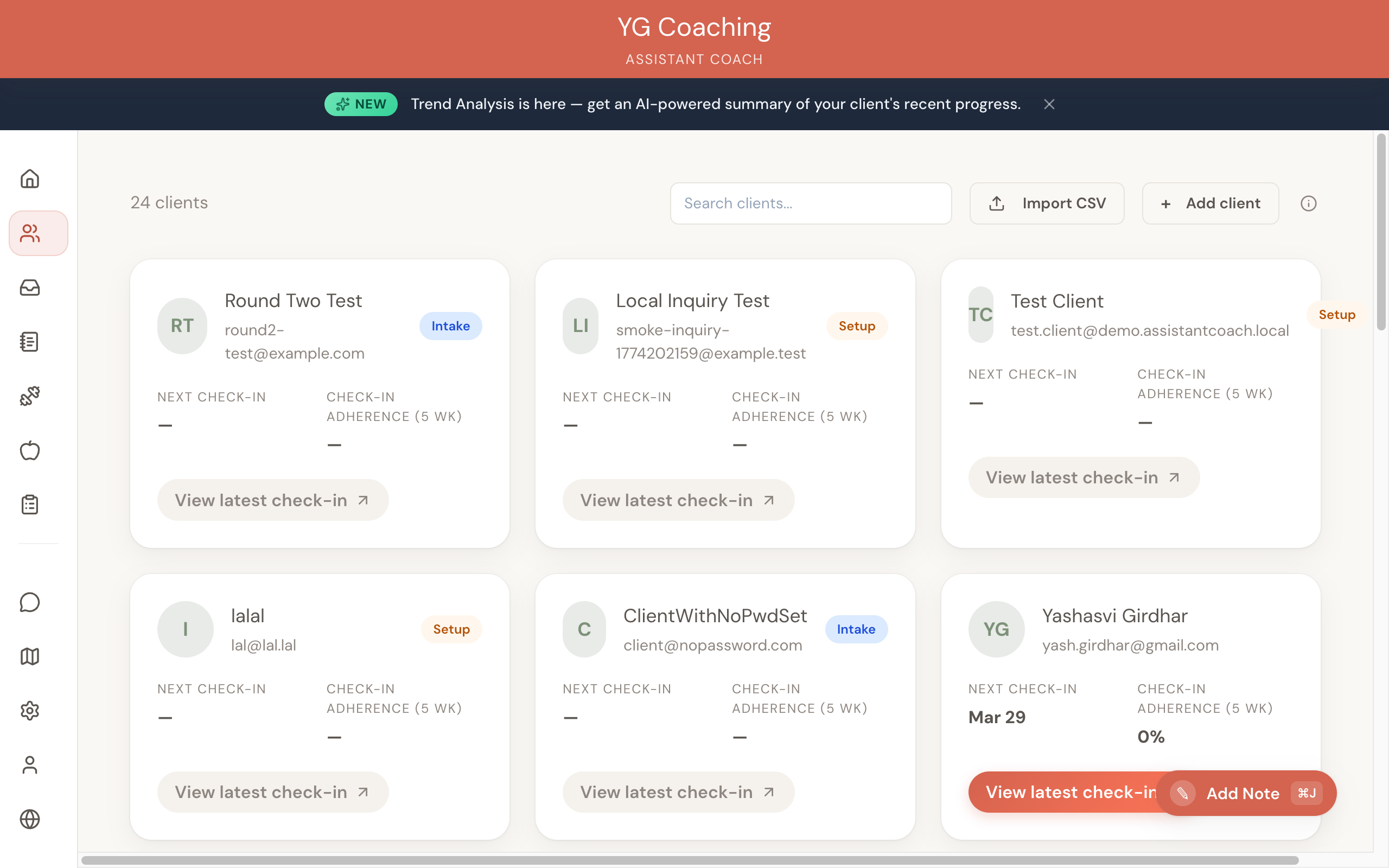 Client directory showing the Import CSV button and client cards