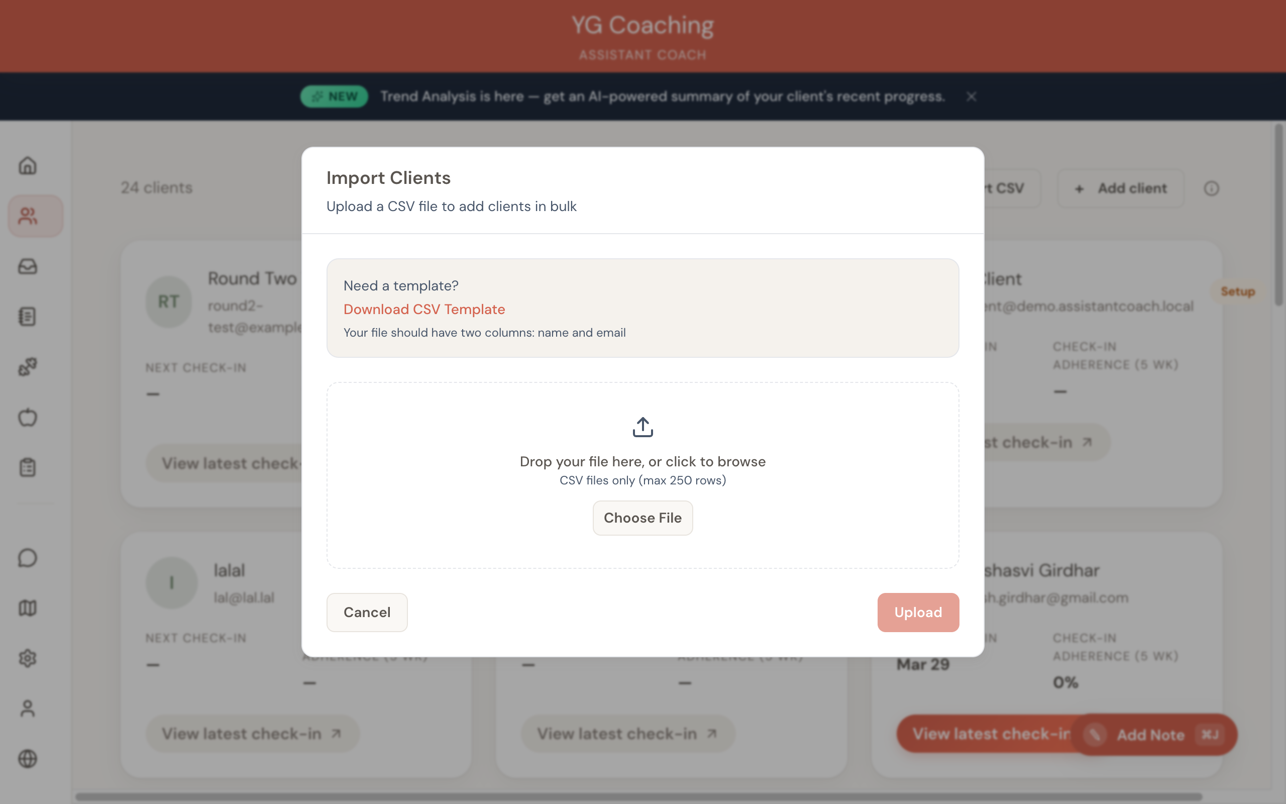CSV import modal with drag-and-drop upload and template download