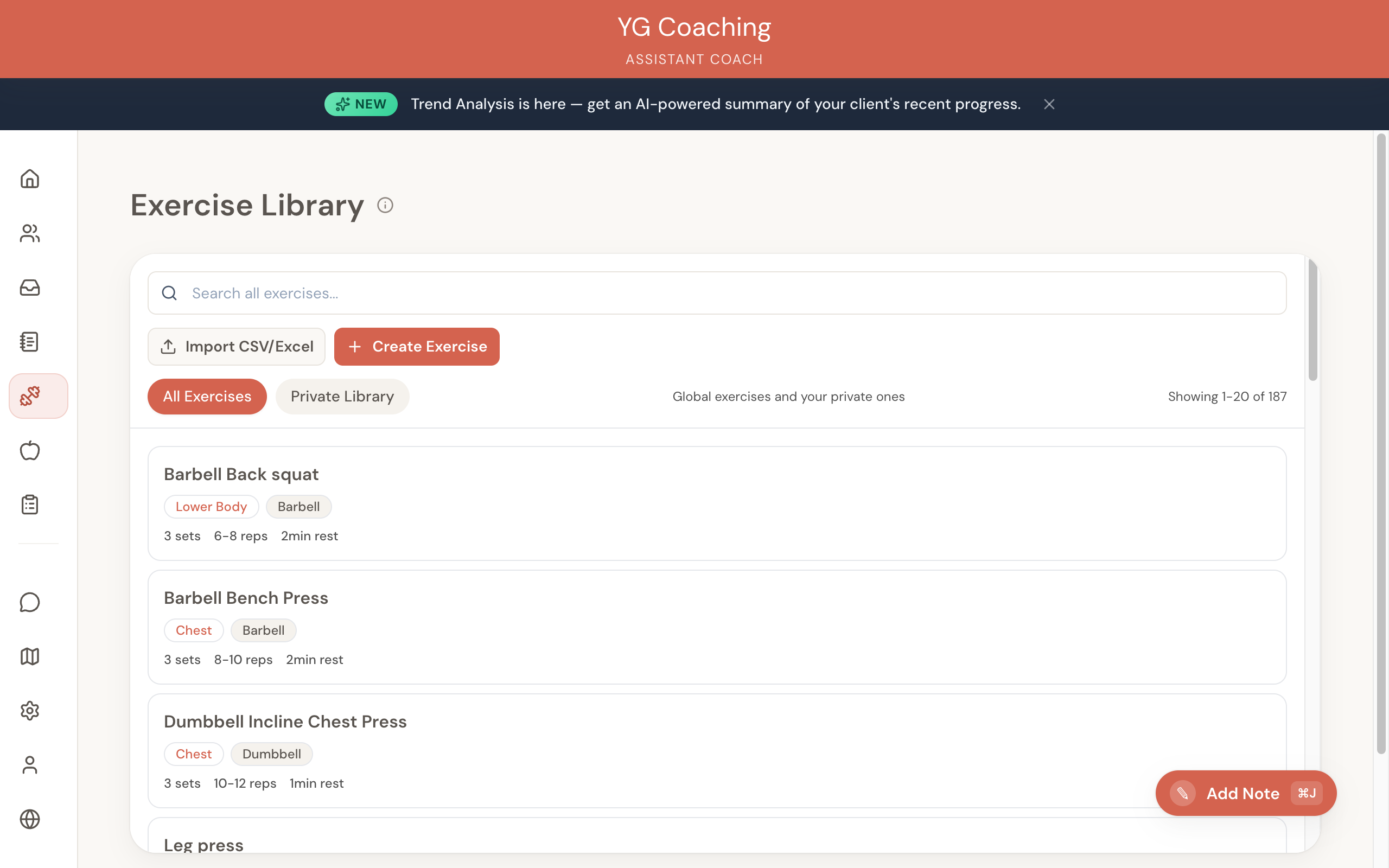 Exercise library with Import CSV/Excel button, Private Library tab, and exercise cards