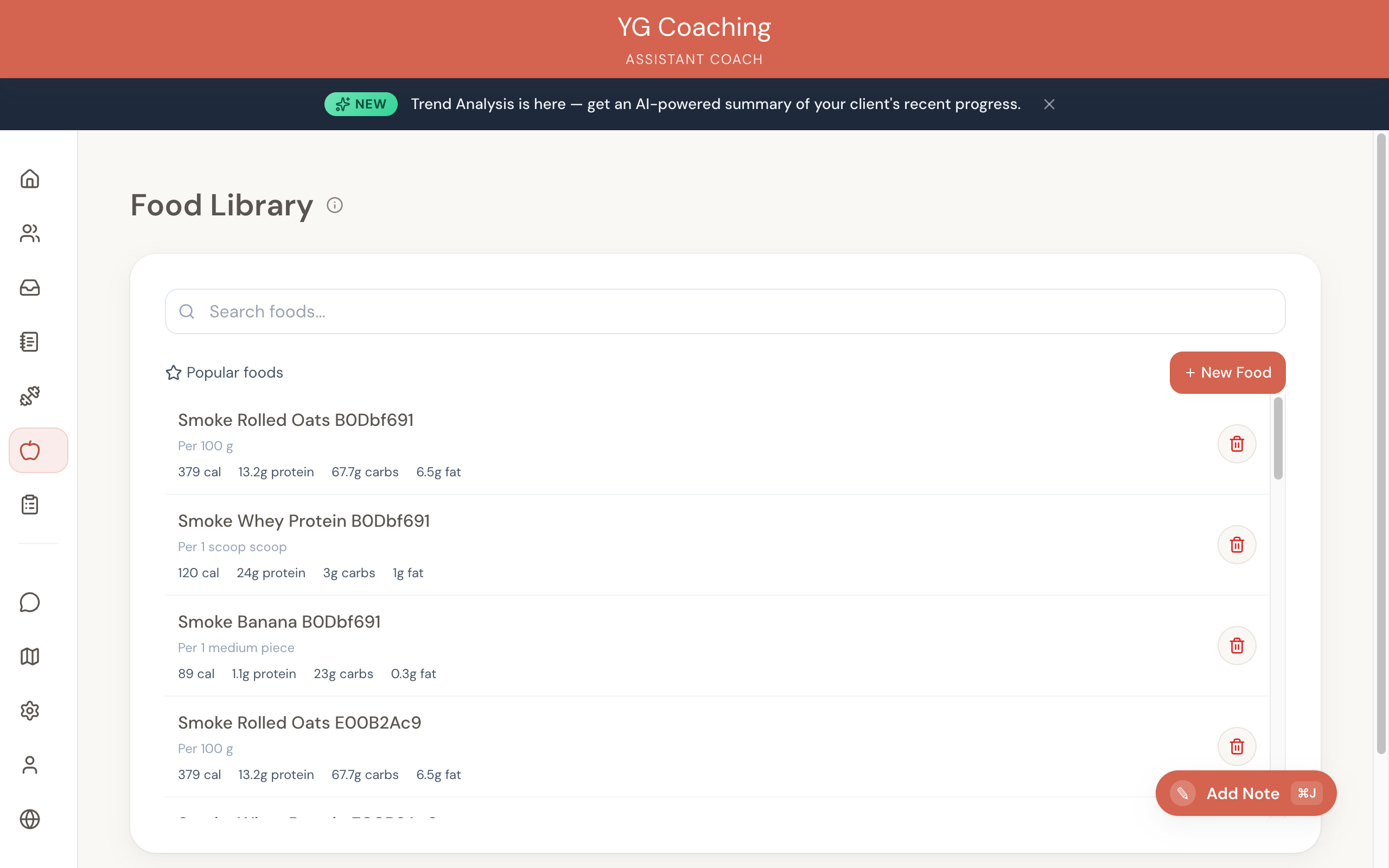 Food library with New Food button and macro breakdown per item