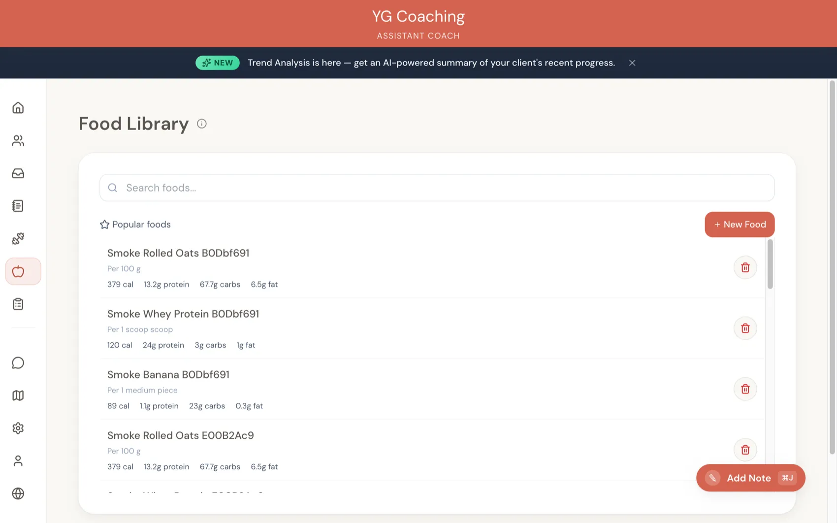 Food library with New Food button and macro breakdown per item