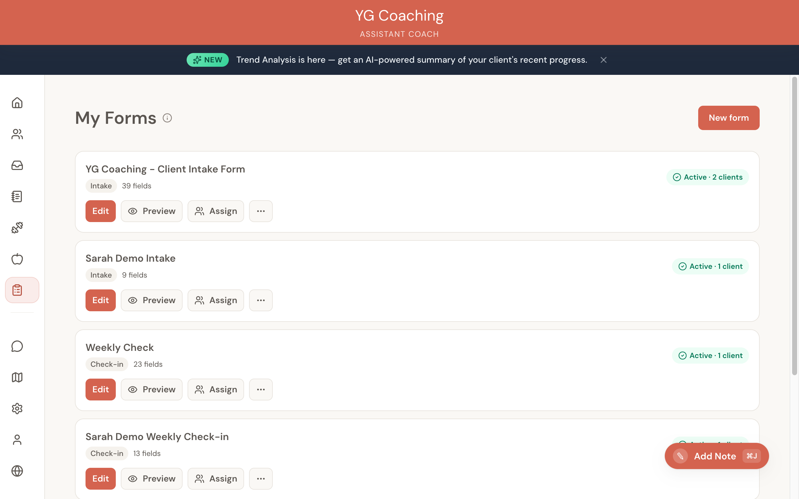 Forms page showing intake and check-in forms with Edit, Preview, and Assign buttons