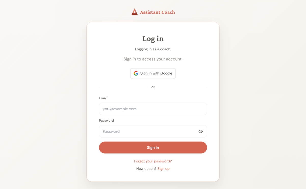 Assistant Coach sign-in page with the Forgot your password link visible below the Sign in button