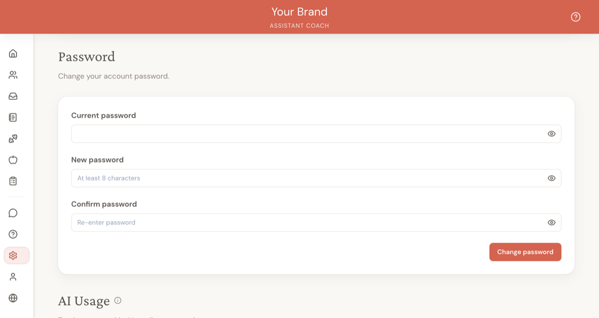 Settings page showing the Password section with three fields — Current password, New password, Confirm password — and a Change password button