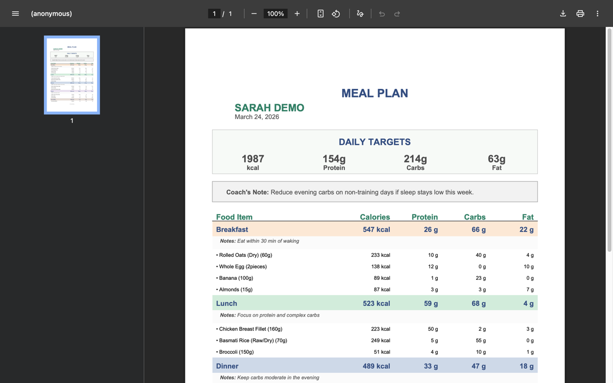 Meal plan PDF showing daily macro targets, coach notes, and per-meal food breakdowns with calories