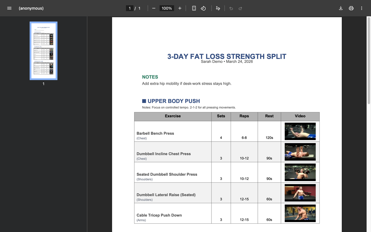 Workout plan PDF showing session exercises with sets, reps, rest periods, and video thumbnails