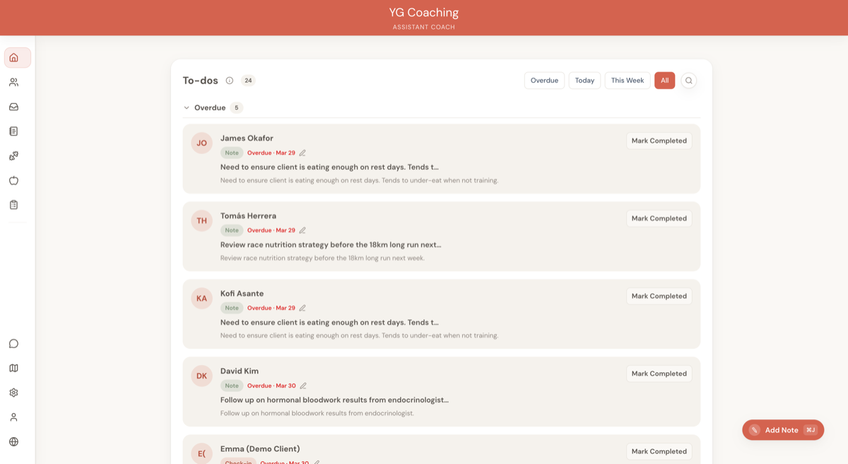 Home page to-do list showing overdue, due today, and this week sections with client actions across multiple clients