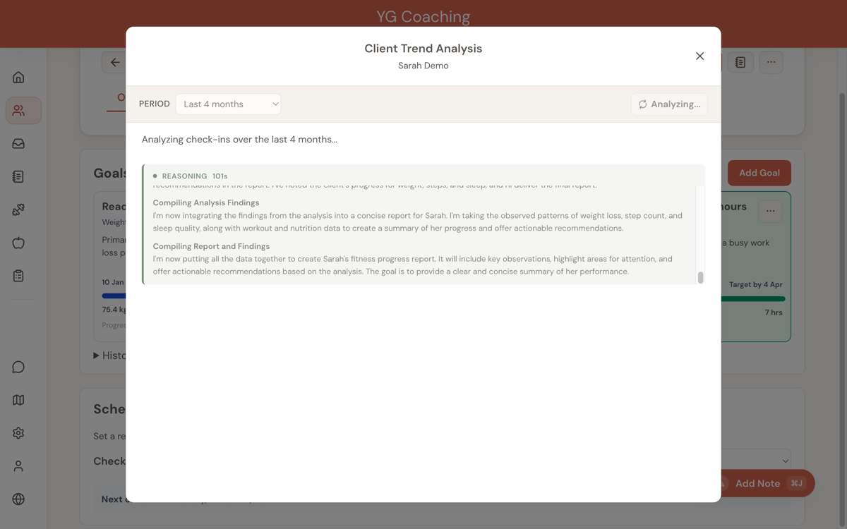 AI-powered trend analysis showing reasoning phase while analyzing client fitness data