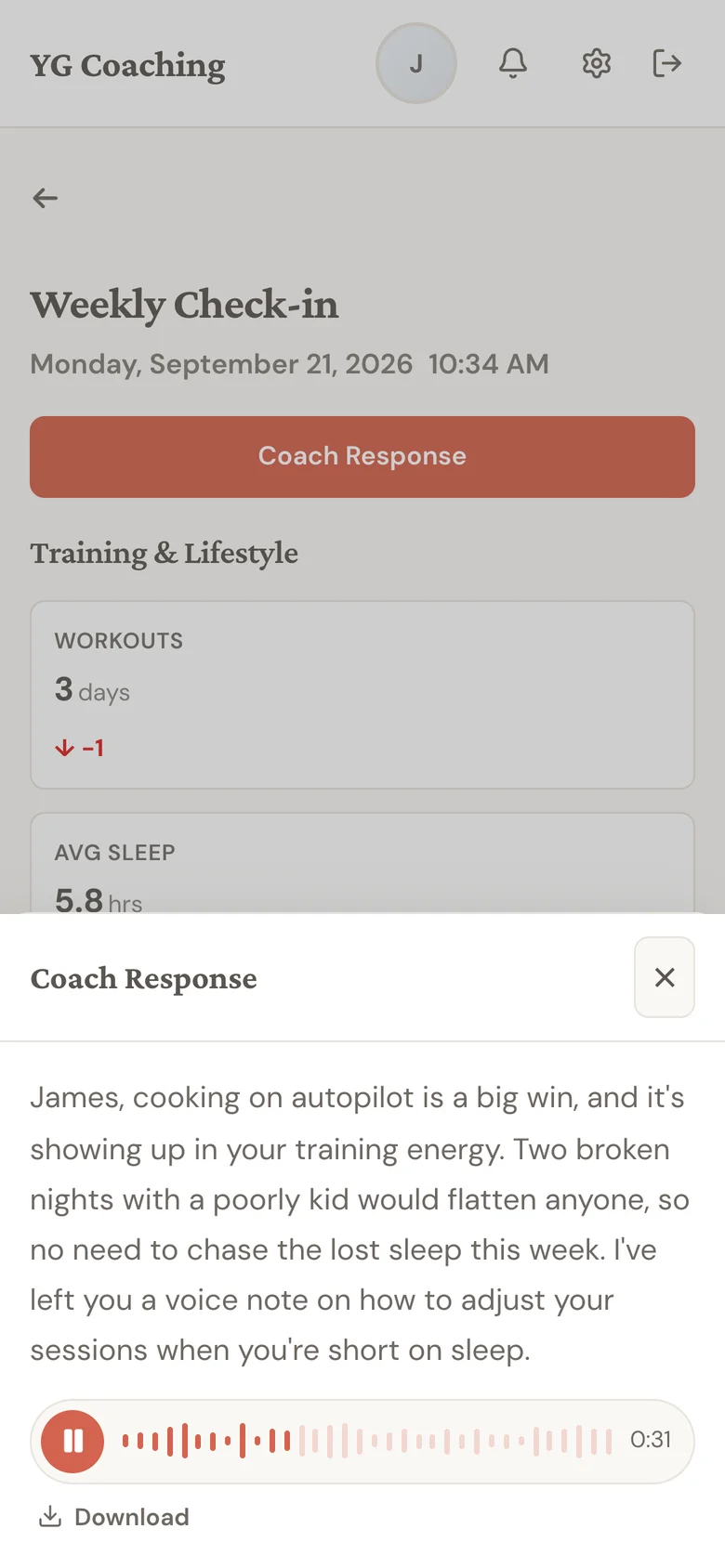The client app on a phone showing the coach's written reply and the voice message playing, with a Download option underneath