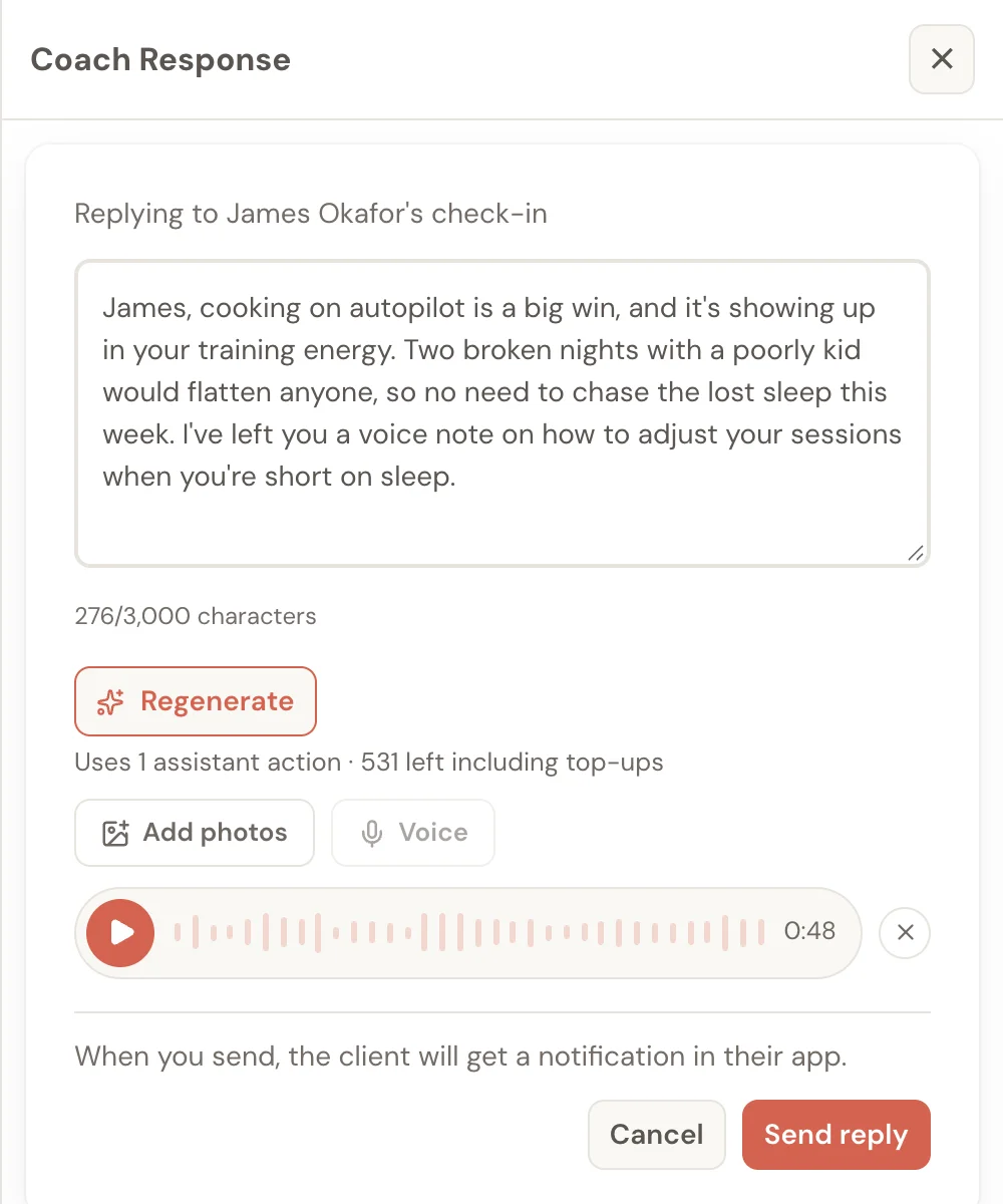 A written reply with a 48-second voice message attached below it, ready to send