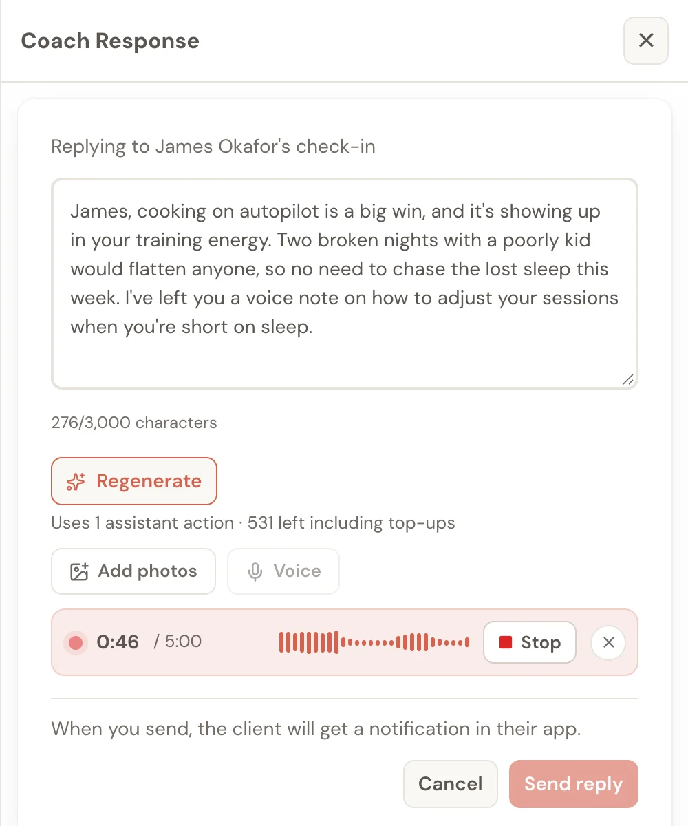 A voice message being recorded on a check-in reply, with a red dot, 0:46 of 5:00 and a Stop button