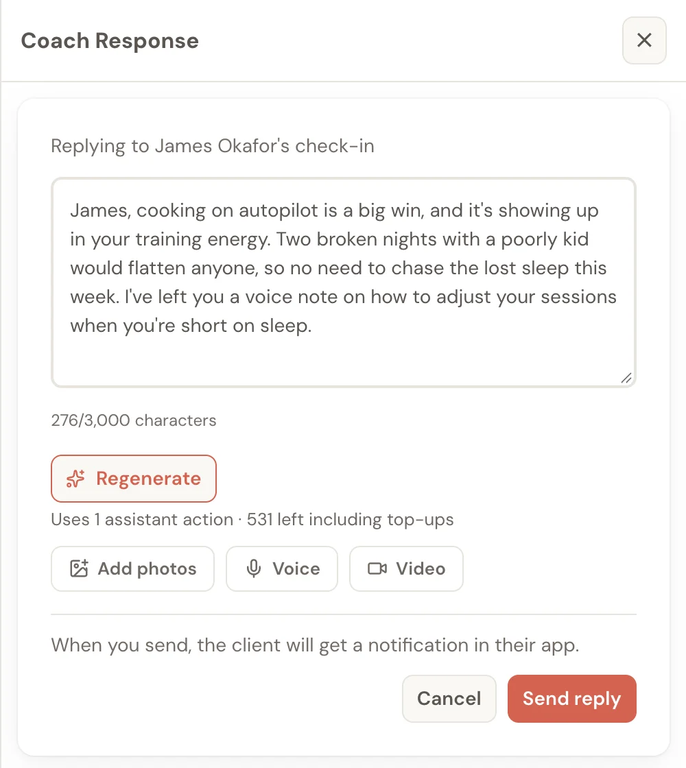 The Coach Response panel with a written reply to James and the Add photos, Voice and Video buttons below it