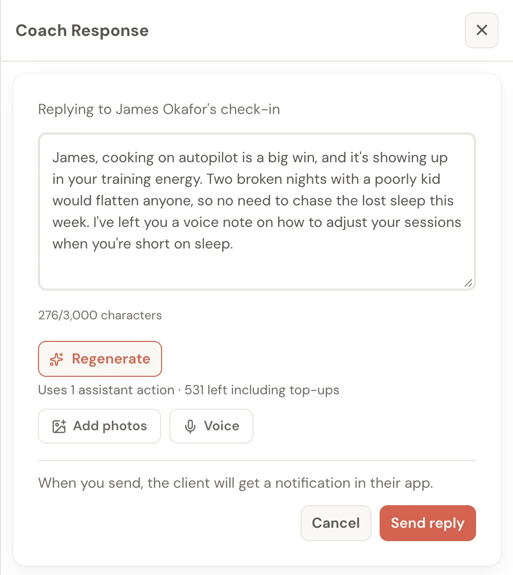 The Coach Response panel with a written reply to James and the Add photos and Voice buttons below it