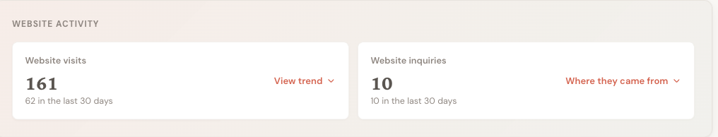 Website activity panel on the Leads page showing website visits and inquiries, each with an all-time total and a last-30-day count