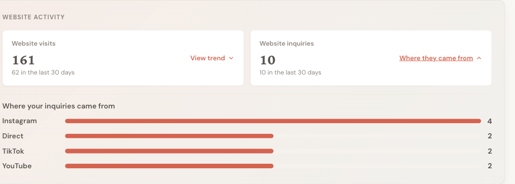 The inquiries card opened to show where enquiries came from, with Instagram, Direct, TikTok, and YouTube ranked by count