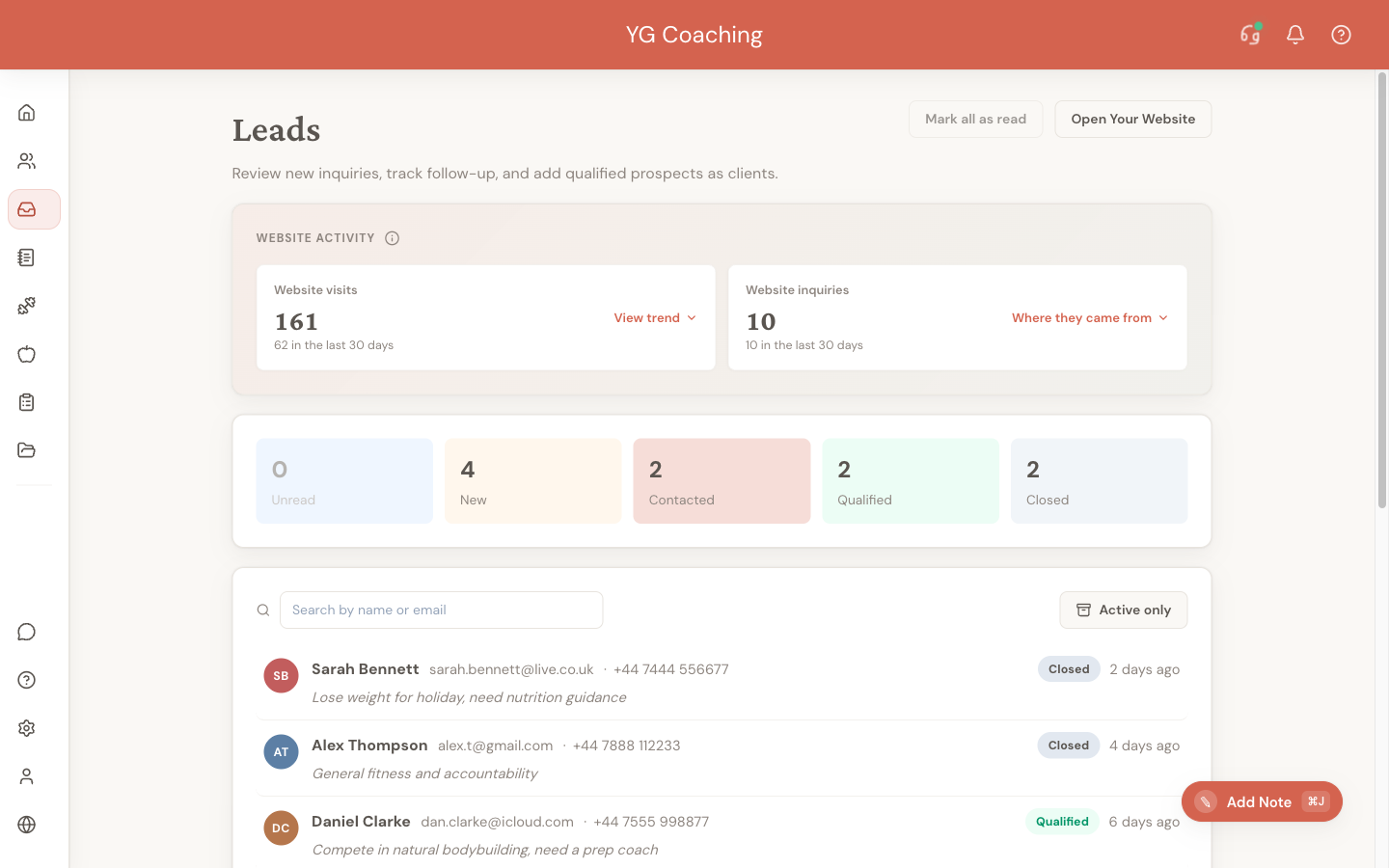 The Leads page: the Website activity panel at the top, then status filters and lead cards showing inquiry details and conversion status