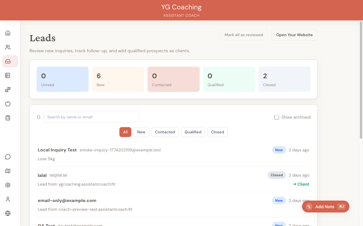 Leads inbox with status filters, lead cards showing inquiry details and conversion status