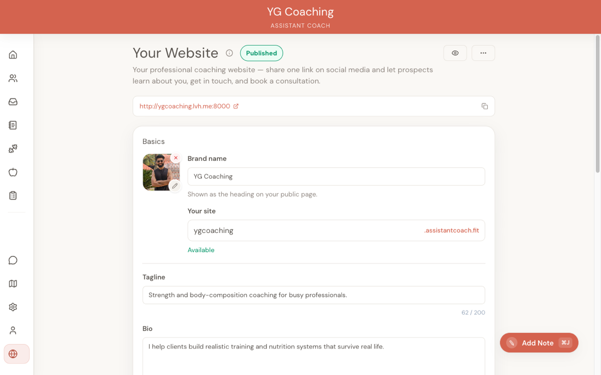 Coaching website setup showing brand name, custom URL, tagline, and bio fields