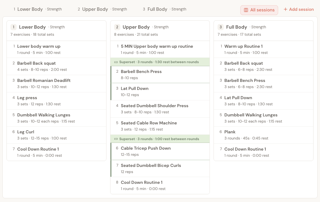 The All sessions view: three columns side by side for Lower Body, Upper Body and Full Body, each listing its exercises with sets, reps and rest. Two supersets in Upper Body are marked with a green band showing their rounds and rest.