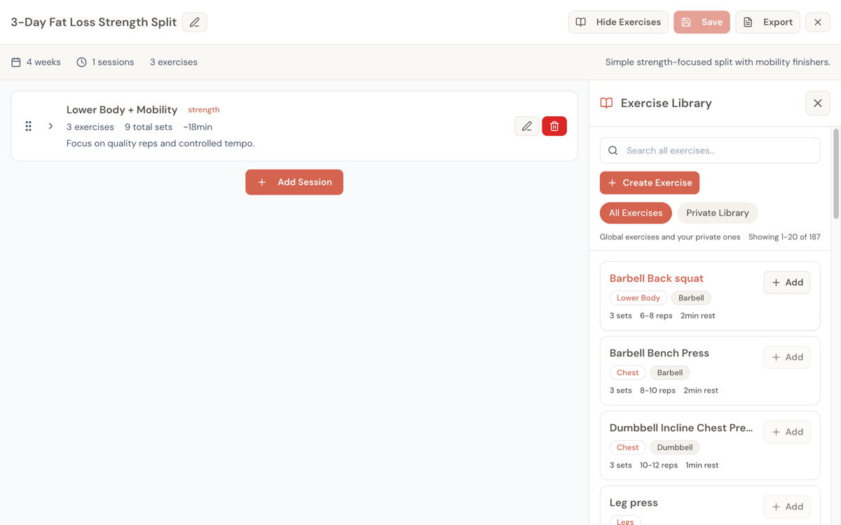 Workout plan builder with session cards, exercise library search, and muscle group badges