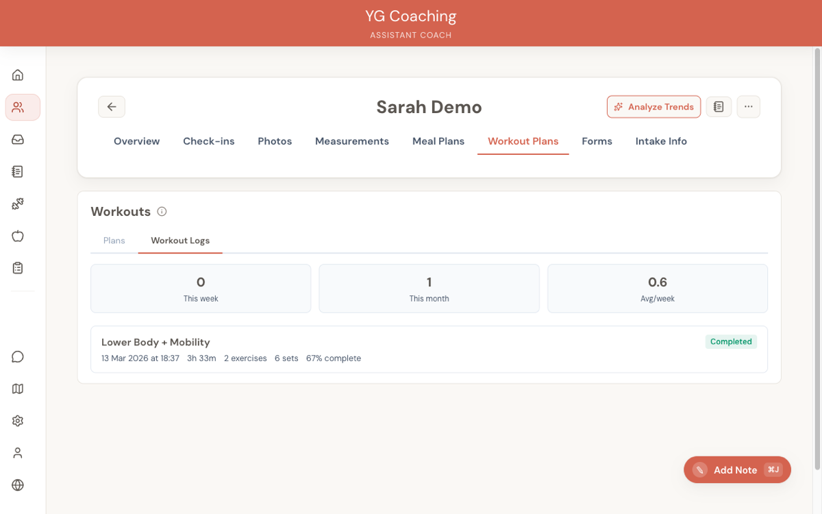 Workout logs tab showing weekly and monthly stats with completed session details