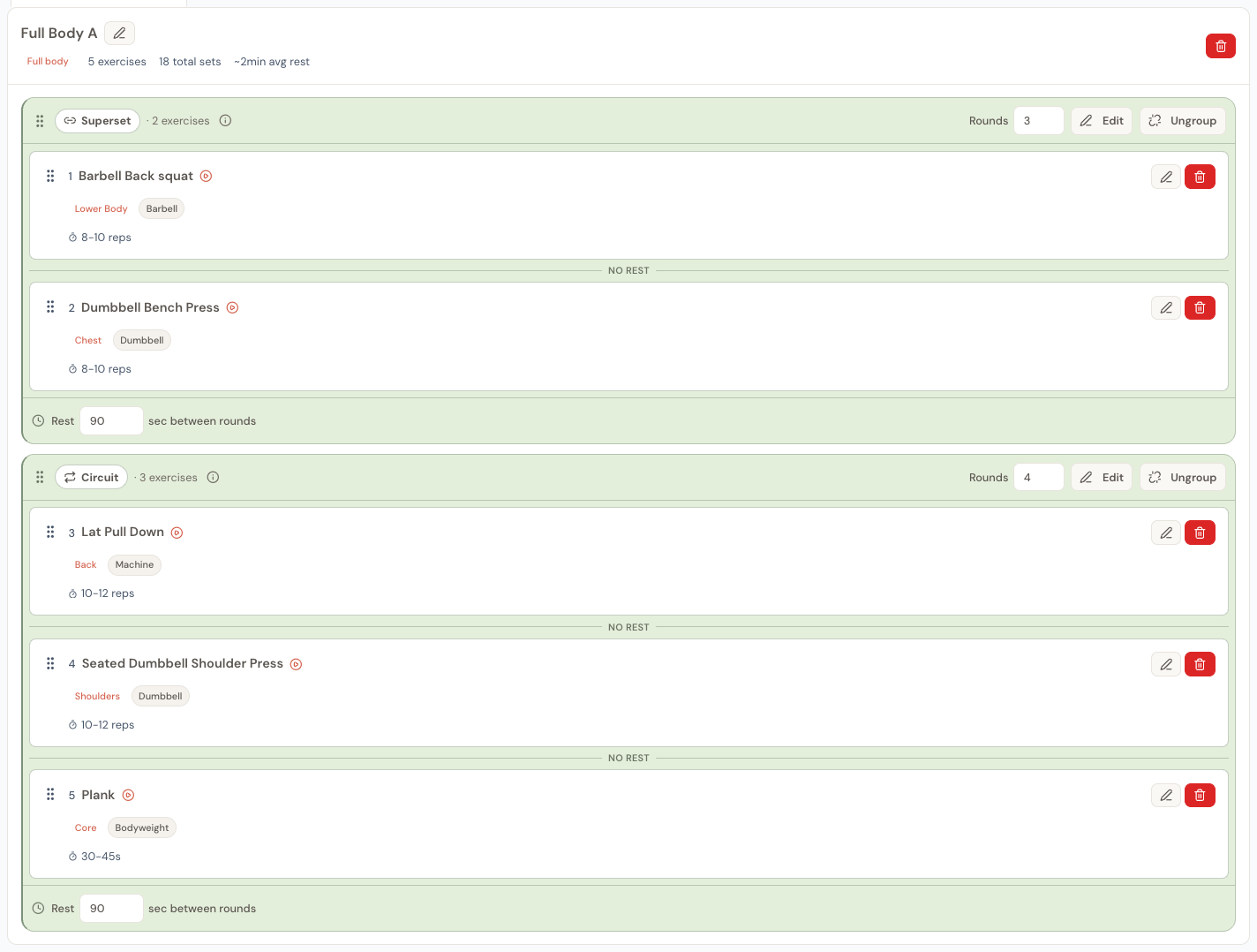 Workout plan builder showing one training session with a Superset of two exercises and a Circuit of three exercises. Each group has its own Rounds value and a "Rest 90 sec between rounds" field, with "NO REST" dividers between the exercises inside a group.