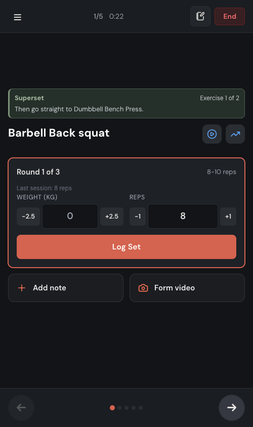 The client's workout logger on a phone. A green Superset banner reads "Exercise 1 of 2 — Then go straight to Dumbbell Bench Press." Below it the current exercise is Barbell Back squat, showing "Round 1 of 3" with weight and reps entry and a Log Set button.