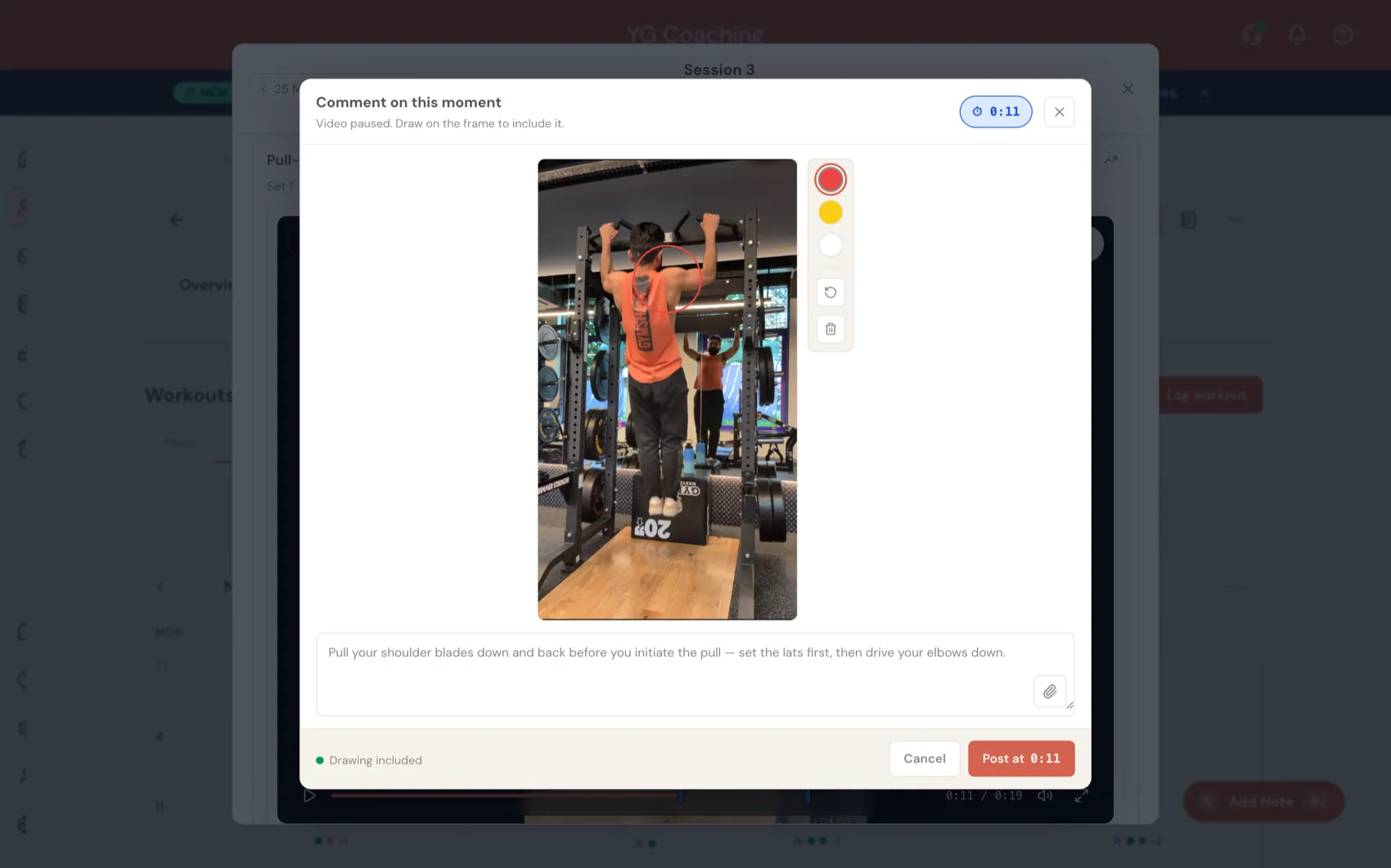 Add comment window with a paused pull-up frame, a red circle drawn around the shoulder blades, a coaching cue in the typing box, the green "Drawing included" status chip, and an orange "Post at 0:11" button