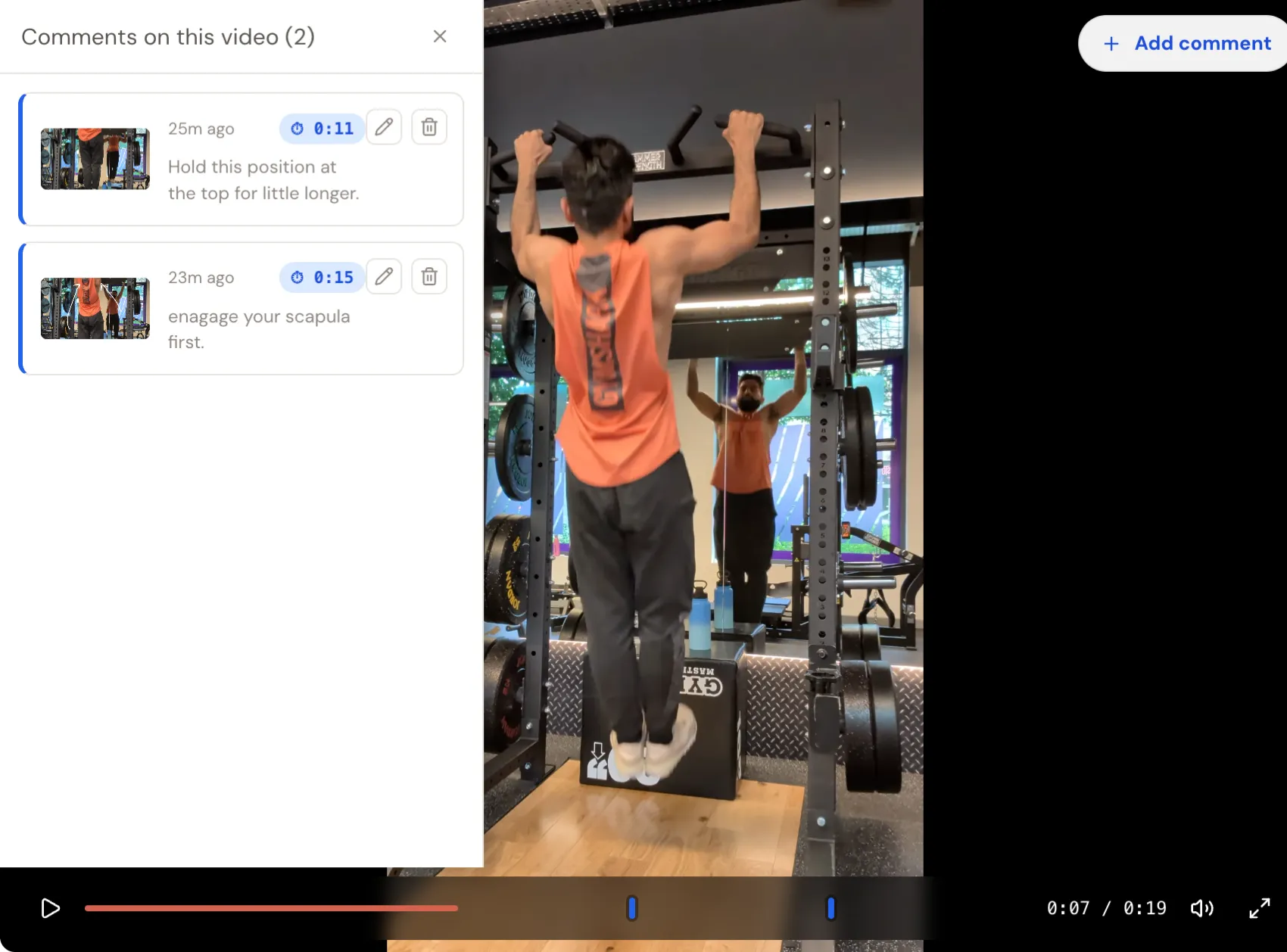 Comments list slid out from the left of the pull-up video player, listing two comment rows with drawn frame thumbnails, timestamps, time-since labels, comment text, and edit/delete icons