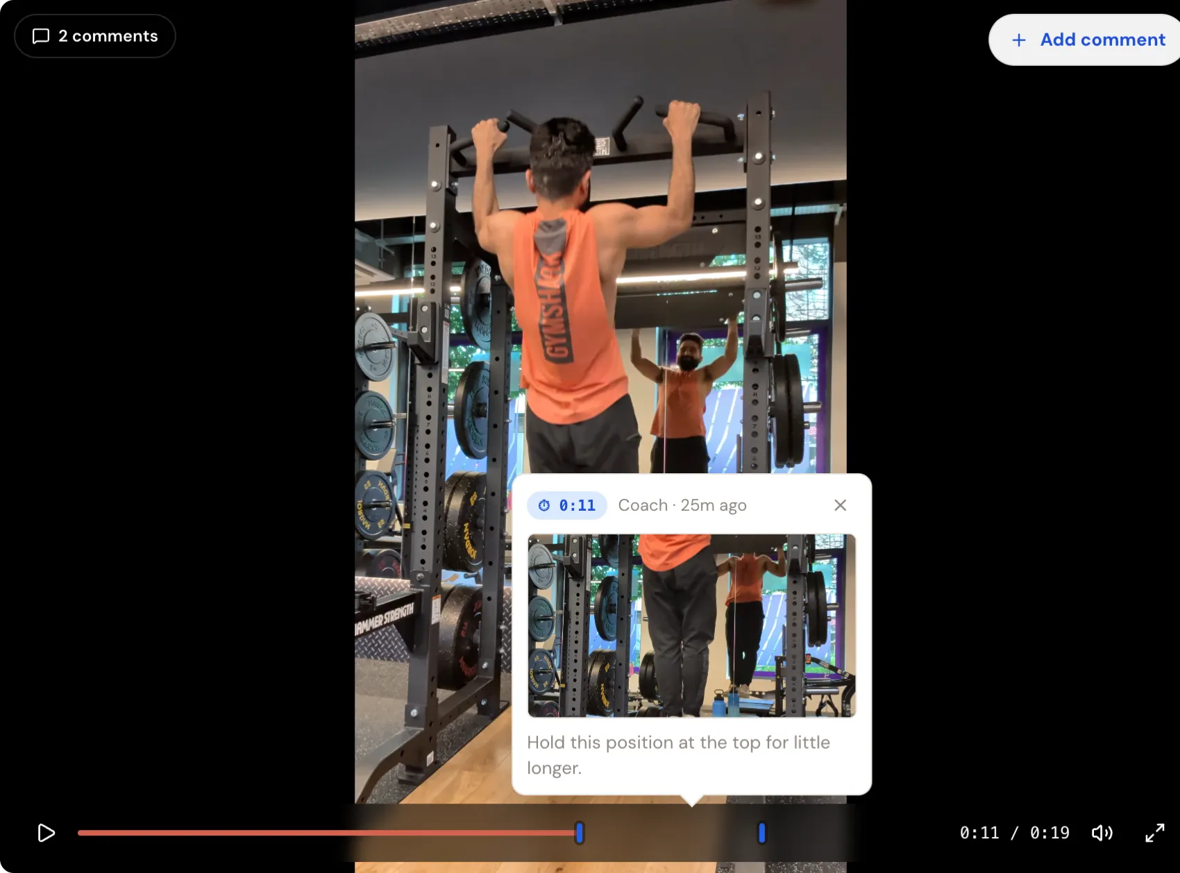 Small card anchored to a blue marker on the pull-up video timeline, showing the timestamp, the "Coach · 25m ago" line, a frame thumbnail, and the comment text