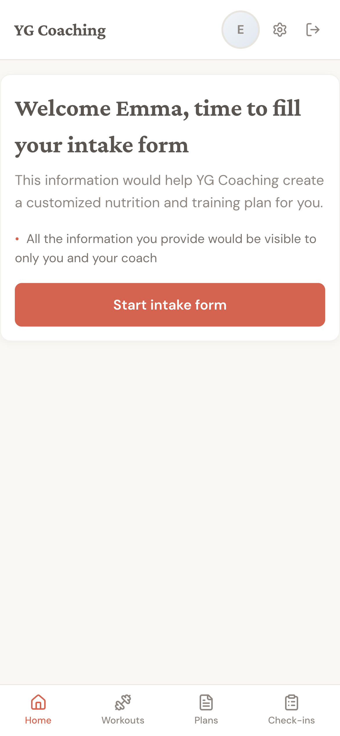 Intake-stage home with a welcome message and a Start intake form button
