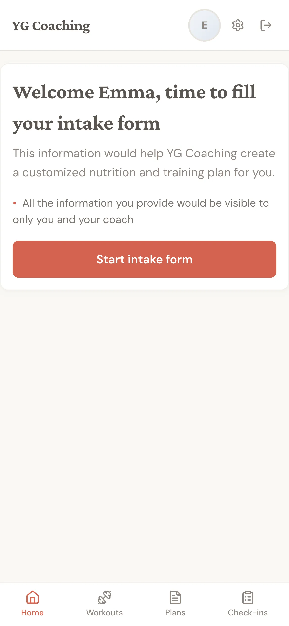 Intake-stage home with a welcome message and a Start intake form button